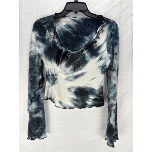 Shein Tie Dye Mesh Crop Top L Black Blue Long Sleeve Sheer Shirt Y2K Streetwear
